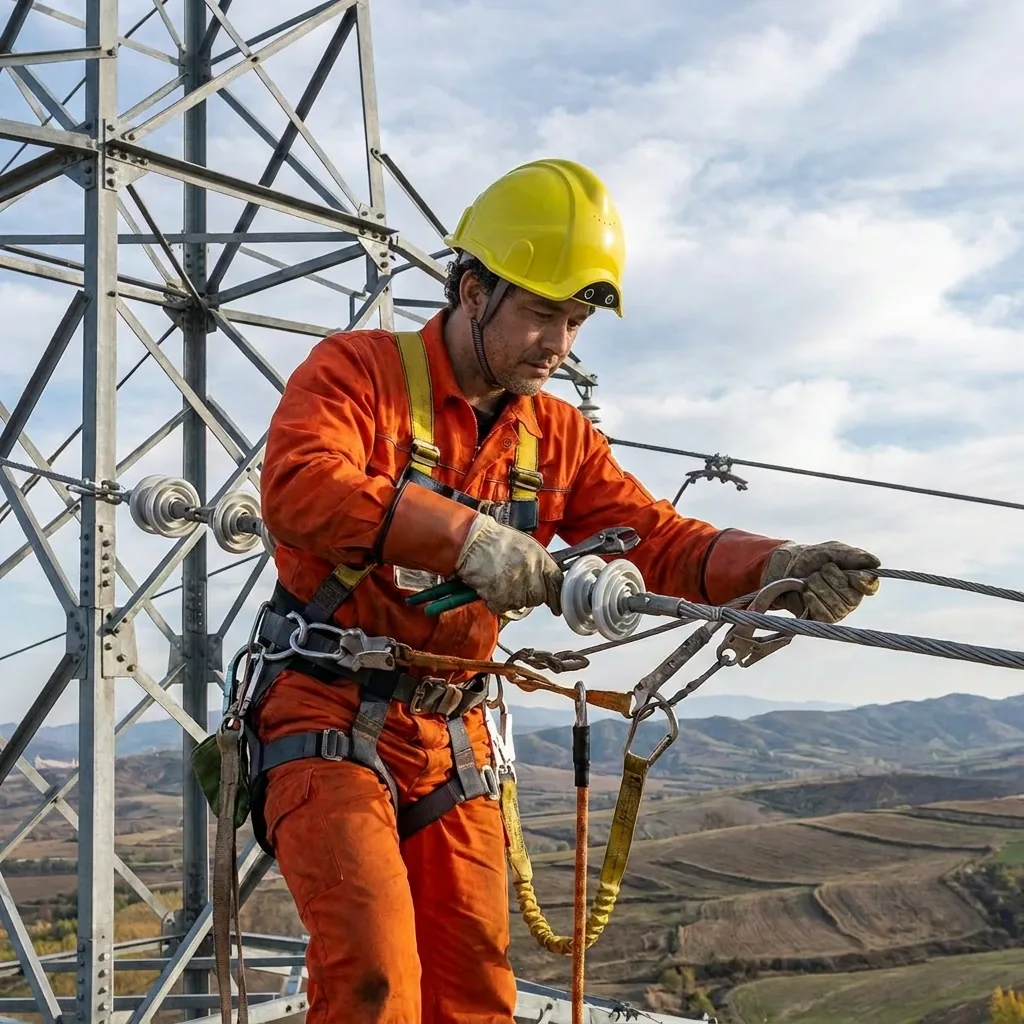 Trabalhador com EPI e capacete em torre de alta tensão
