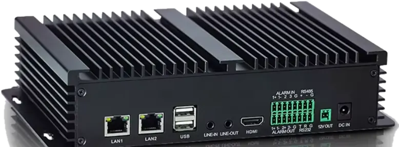 Central Nova Vision IA, appliance de análise de vídeo por inteligência artificial na borda, com duas portas Gigabit, HDMI, USB, RS-485 e saídas de alarme