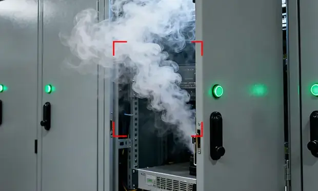 Detecção de fumaça saindo de painel elétrico em sala técnica